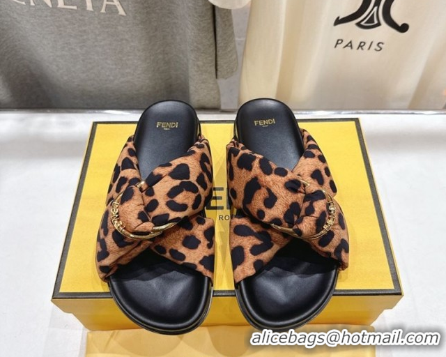 Discount Fendi Feel Flat Slides Sandal in Leopard Print with D-ring Buckle Brown 1216060