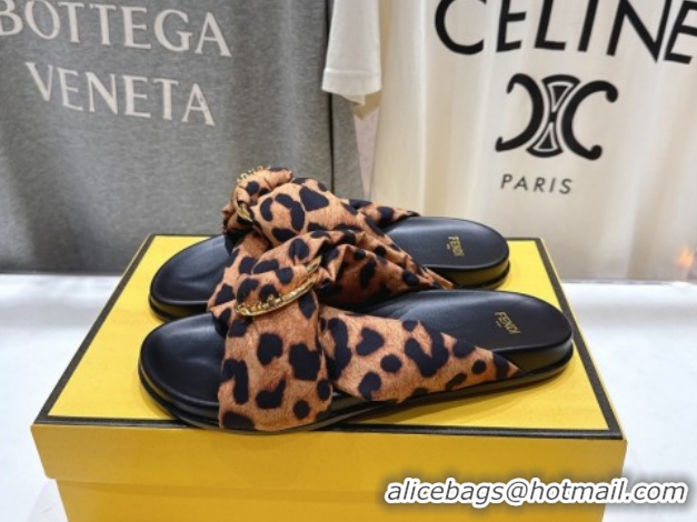Discount Fendi Feel Flat Slides Sandal in Leopard Print with D-ring Buckle Brown 1216060