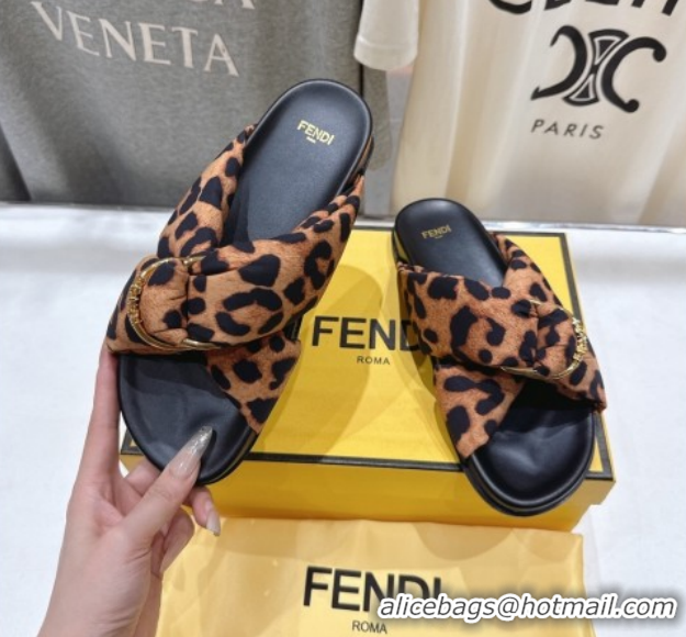 Discount Fendi Feel Flat Slides Sandal in Leopard Print with D-ring Buckle Brown 1216060