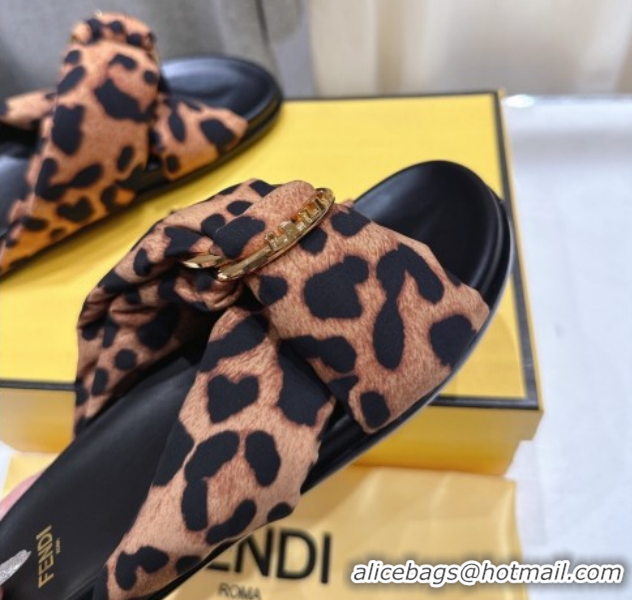 Discount Fendi Feel Flat Slides Sandal in Leopard Print with D-ring Buckle Brown 1216060