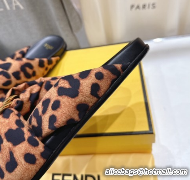 Discount Fendi Feel Flat Slides Sandal in Leopard Print with D-ring Buckle Brown 1216060