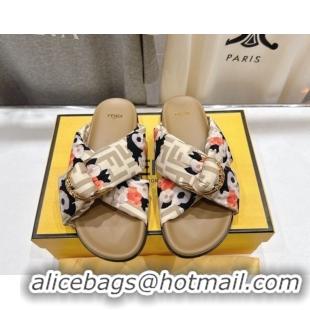 Luxury Fendi Feel Flat Slides Sandal in Printed FF Fabric with D-ring Buckle Beige 1216061