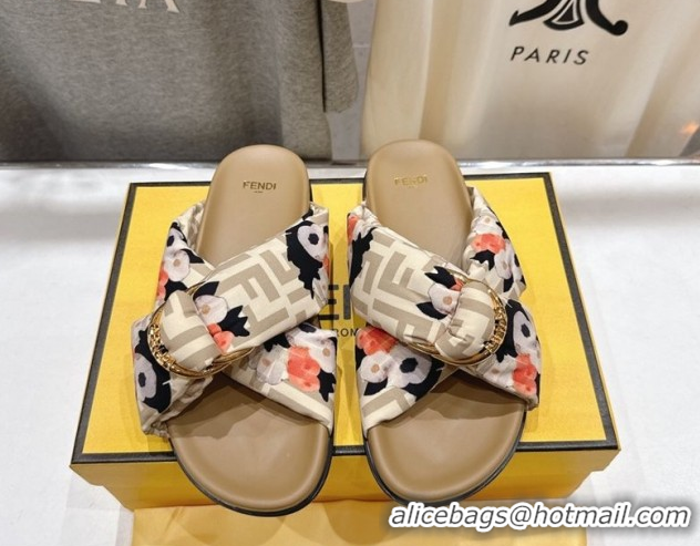 Luxury Fendi Feel Flat Slides Sandal in Printed FF Fabric with D-ring Buckle Beige 1216061