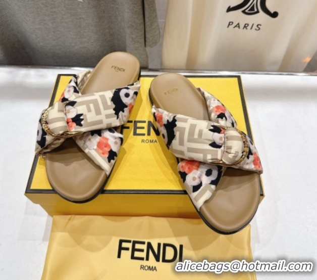 Luxury Fendi Feel Flat Slides Sandal in Printed FF Fabric with D-ring Buckle Beige 1216061
