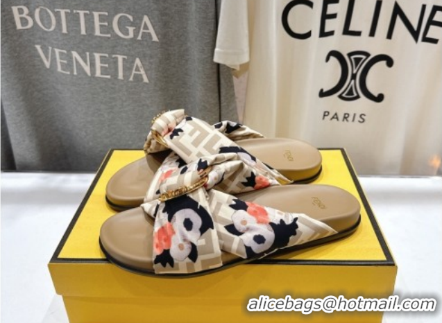 Luxury Fendi Feel Flat Slides Sandal in Printed FF Fabric with D-ring Buckle Beige 1216061