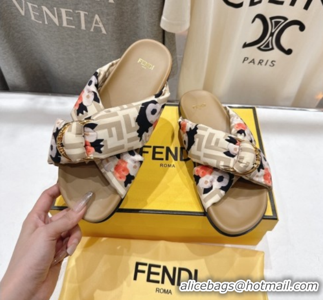 Luxury Fendi Feel Flat Slides Sandal in Printed FF Fabric with D-ring Buckle Beige 1216061