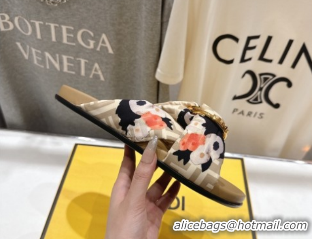 Luxury Fendi Feel Flat Slides Sandal in Printed FF Fabric with D-ring Buckle Beige 1216061