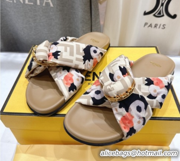 Luxury Fendi Feel Flat Slides Sandal in Printed FF Fabric with D-ring Buckle Beige 1216061