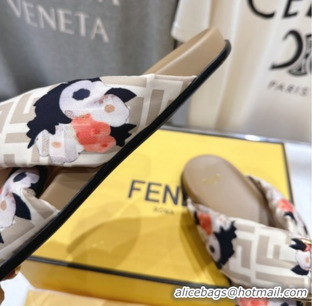 Luxury Fendi Feel Flat Slides Sandal in Printed FF Fabric with D-ring Buckle Beige 1216061