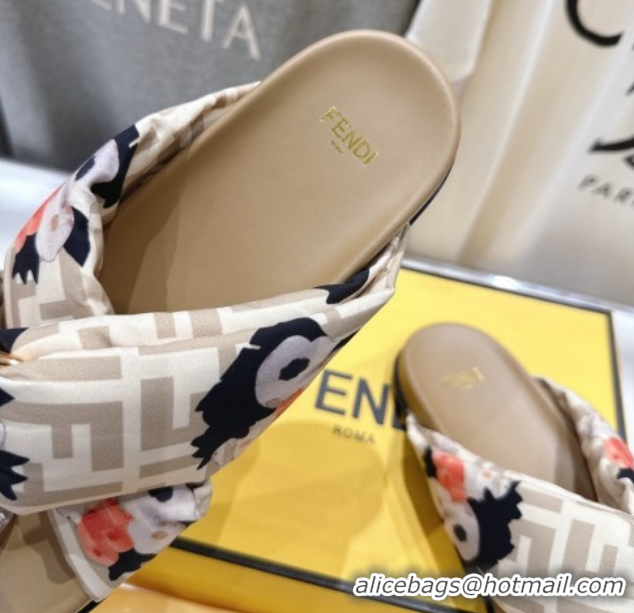 Luxury Fendi Feel Flat Slides Sandal in Printed FF Fabric with D-ring Buckle Beige 1216061