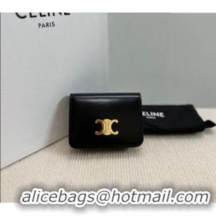 Modern Classic Celine Triomphe Compact Wallet in Shiny Calfskin 10K623 Black 2024