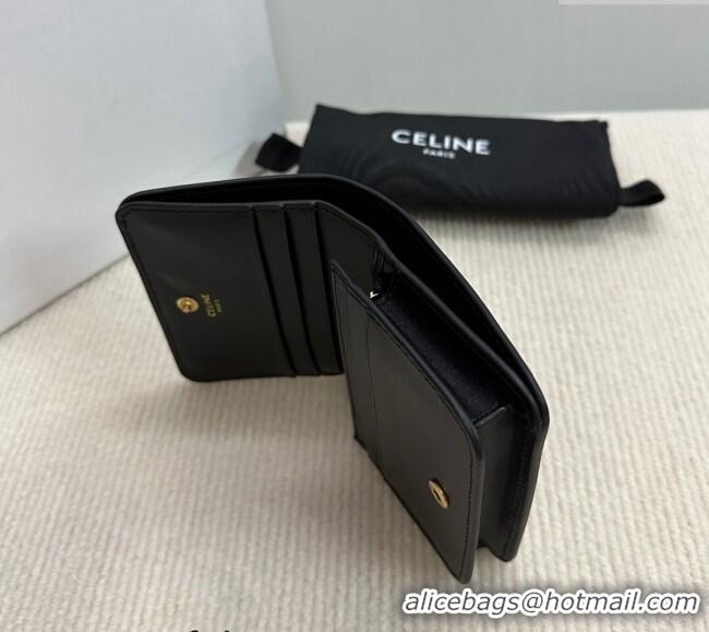 Modern Classic Celine Triomphe Compact Wallet in Shiny Calfskin 10K623 Black 2024