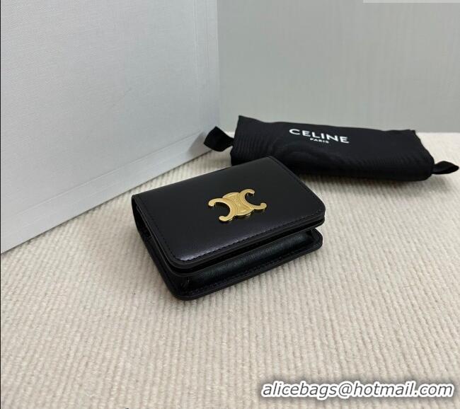 Modern Classic Celine Triomphe Compact Wallet in Shiny Calfskin 10K623 Black 2024