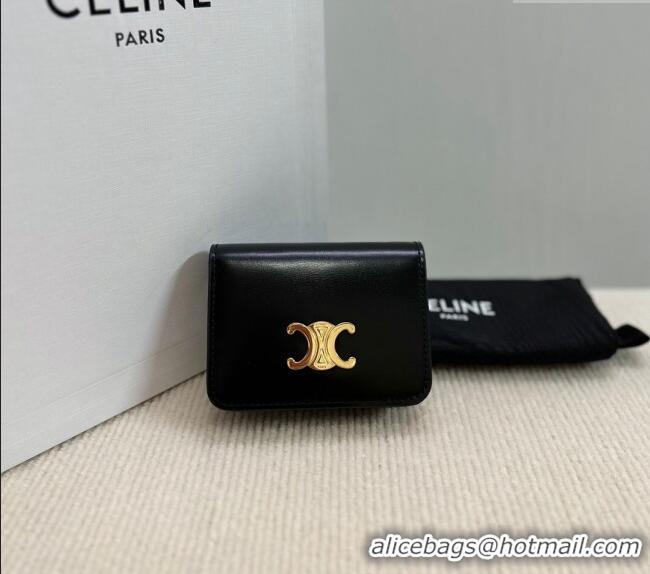 Modern Classic Celine Triomphe Compact Wallet in Shiny Calfskin 10K623 Black 2024