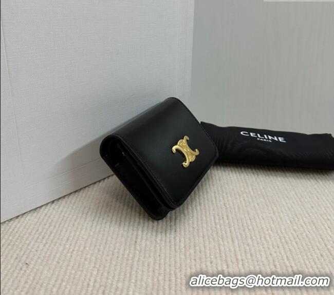 Modern Classic Celine Triomphe Compact Wallet in Shiny Calfskin 10K623 Black 2024