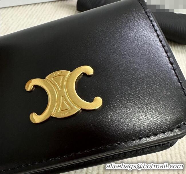 Modern Classic Celine Triomphe Compact Wallet in Shiny Calfskin 10K623 Black 2024