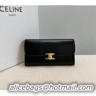 Luxury Classic Celine Triomphe Large Wallet in Shiny Calfskin 10E313 Black 2024