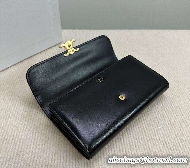 Luxury Classic Celine Triomphe Large Wallet in Shiny Calfskin 10E313 Black 2024