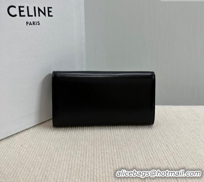 Luxury Classic Celine Triomphe Large Wallet in Shiny Calfskin 10E313 Black 2024