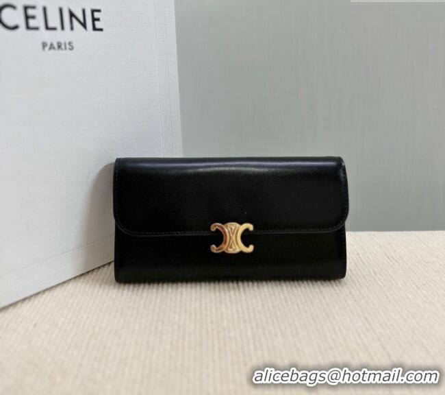 Luxury Classic Celine Triomphe Large Wallet in Shiny Calfskin 10E313 Black 2024