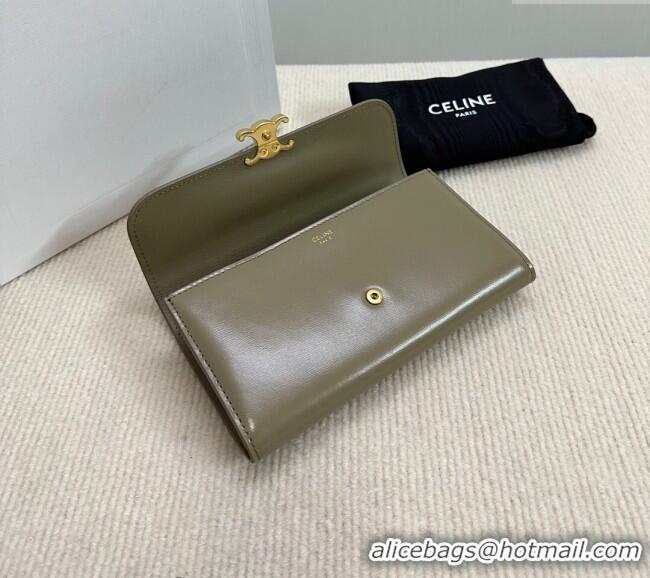 New Cheap Celine Triomphe Large Wallet in Shiny Calfskin 10E313 Olive Green 2024