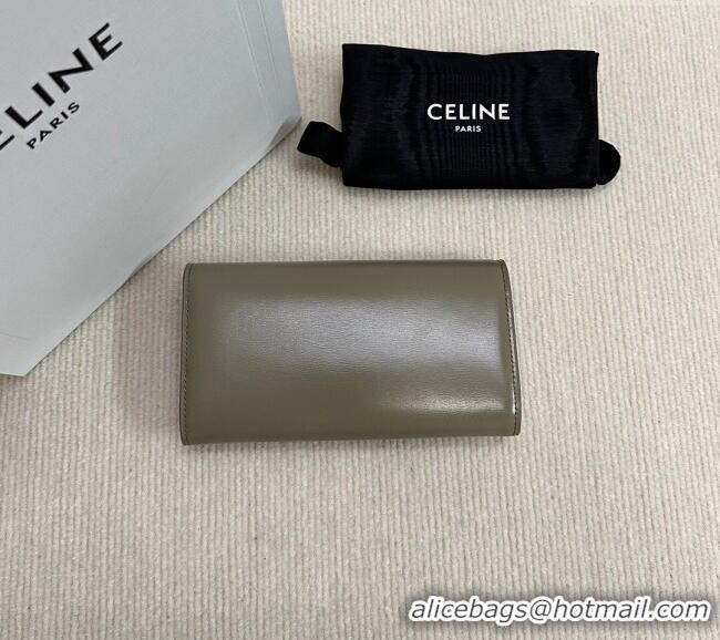 New Cheap Celine Triomphe Large Wallet in Shiny Calfskin 10E313 Olive Green 2024