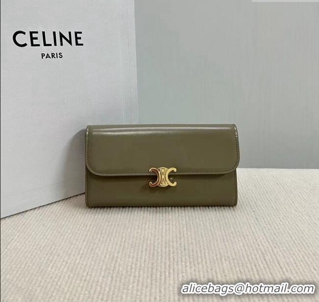 New Cheap Celine Triomphe Large Wallet in Shiny Calfskin 10E313 Olive Green 2024