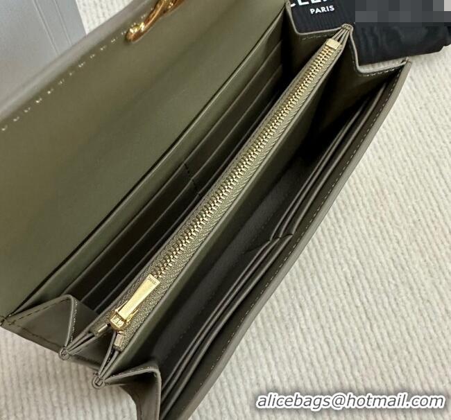 New Cheap Celine Triomphe Large Wallet in Shiny Calfskin 10E313 Olive Green 2024