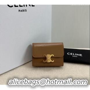 Modern Classic Celine Triomphe Compact Wallet with Coin in Shiny Calfskin 10I653 Brown 2024