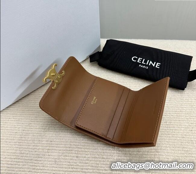 Modern Classic Celine Triomphe Compact Wallet with Coin in Shiny Calfskin 10I653 Brown 2024
