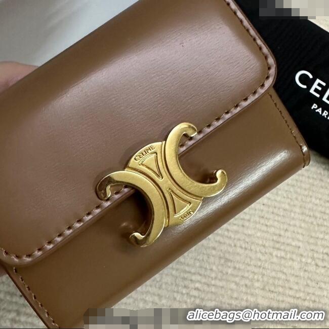 Modern Classic Celine Triomphe Compact Wallet with Coin in Shiny Calfskin 10I653 Brown 2024