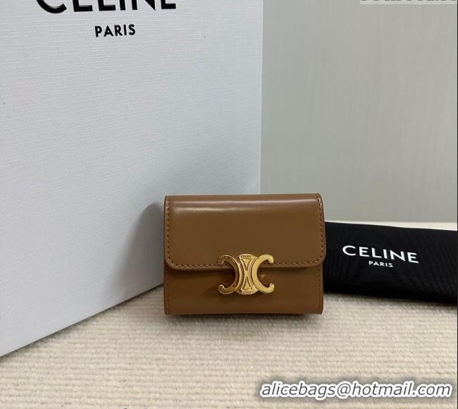 Modern Classic Celine Triomphe Compact Wallet with Coin in Shiny Calfskin 10I653 Brown 2024