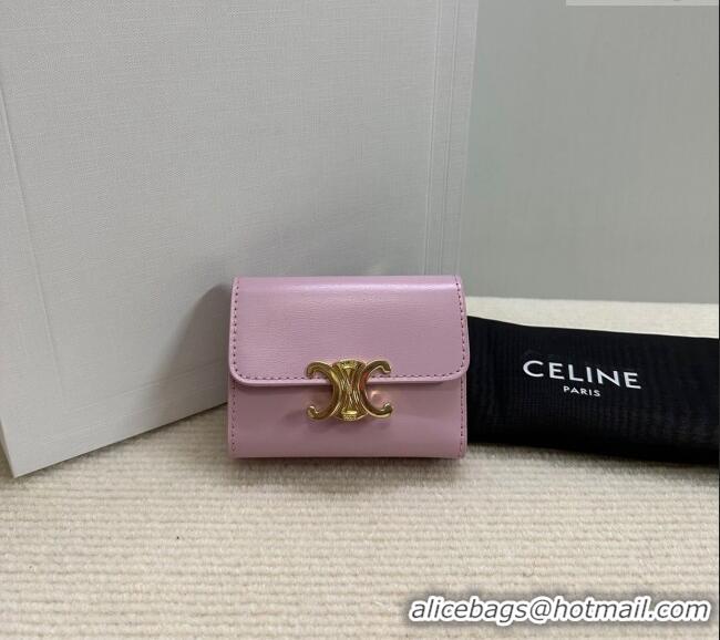 Spot Bulk Celine Triomphe Compact Wallet with Coin in Shiny Calfskin 10I653 Sakura Pink 2024
