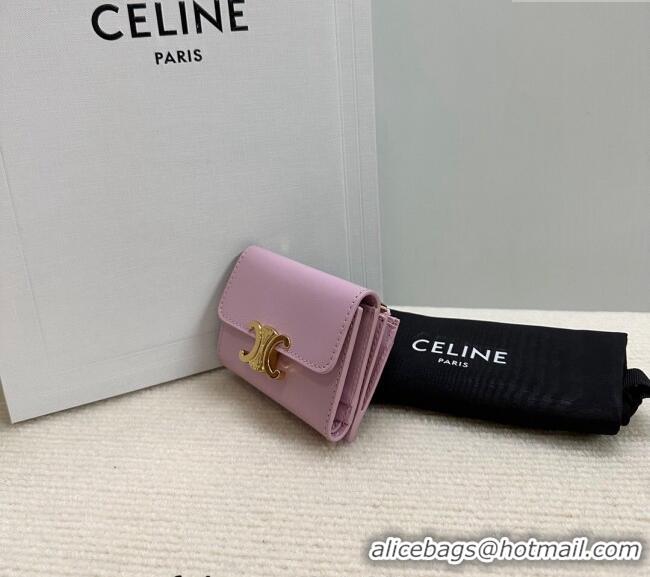 Spot Bulk Celine Triomphe Compact Wallet with Coin in Shiny Calfskin 10I653 Sakura Pink 2024