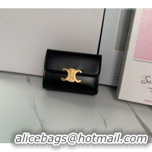 Grade Quality Celine Triomphe Compact Wallet with Coin in Shiny Calfskin 10I653 Black 2024