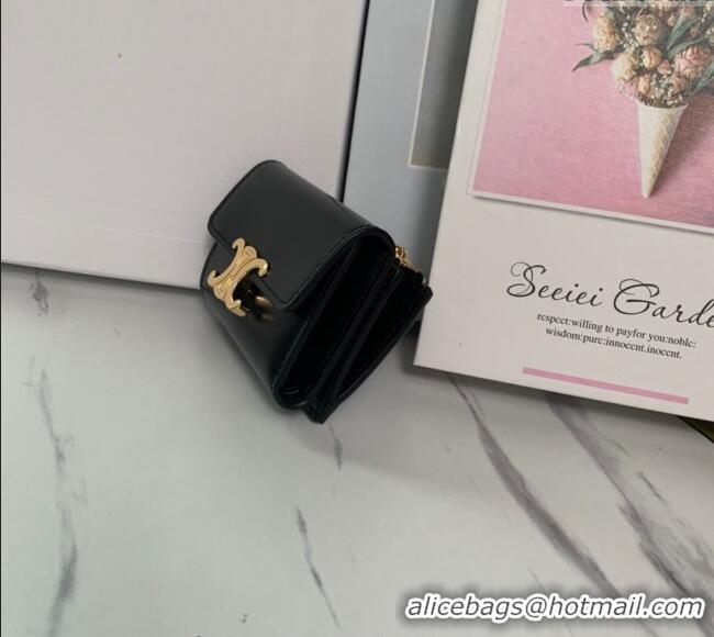 Grade Quality Celine Triomphe Compact Wallet with Coin in Shiny Calfskin 10I653 Black 2024