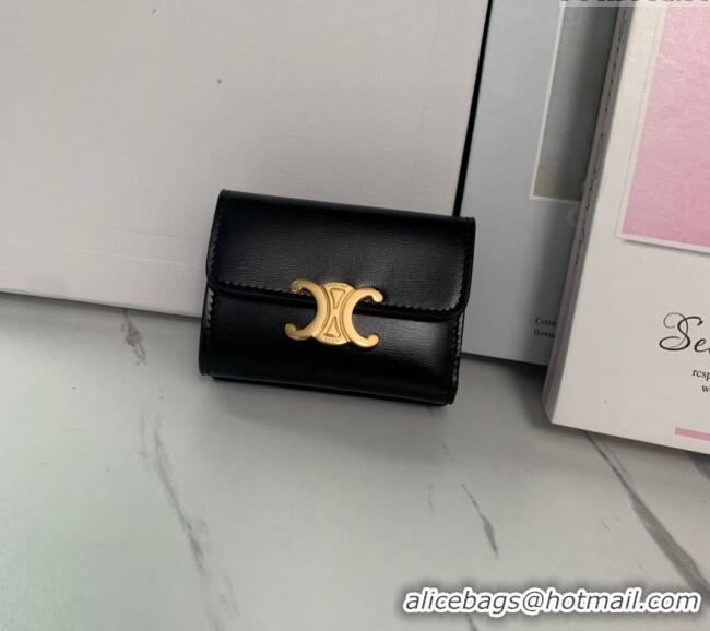 Grade Quality Celine Triomphe Compact Wallet with Coin in Shiny Calfskin 10I653 Black 2024