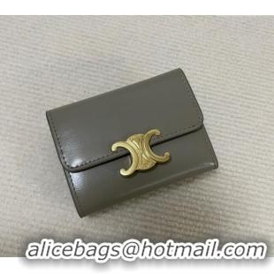 Good Looking Celine Triomphe Compact Wallet with Coin in Shiny Calfskin 10I653 Stone Grey 2024