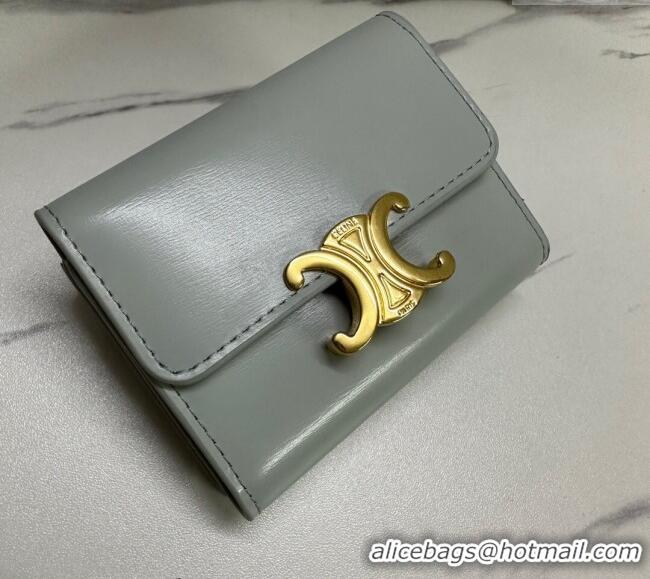 Top Design Celine Triomphe Compact Wallet with Coin in Shiny Calfskin 10I653 Soft Blue 2024