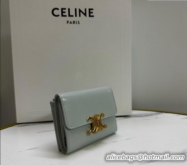 Top Design Celine Triomphe Compact Wallet with Coin in Shiny Calfskin 10I653 Soft Blue 2024