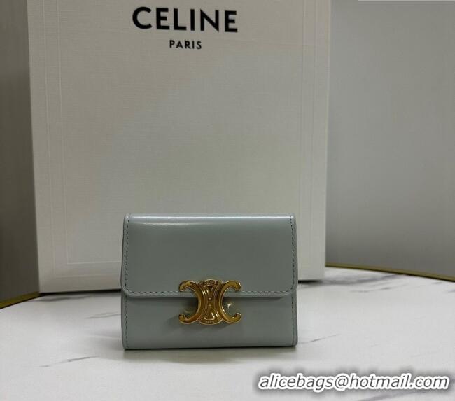 Top Design Celine Triomphe Compact Wallet with Coin in Shiny Calfskin 10I653 Soft Blue 2024