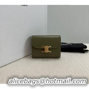 Famous Brand Celine Small Wallet in Shiny Calfskin 10D783 Dark Olive Green 2024