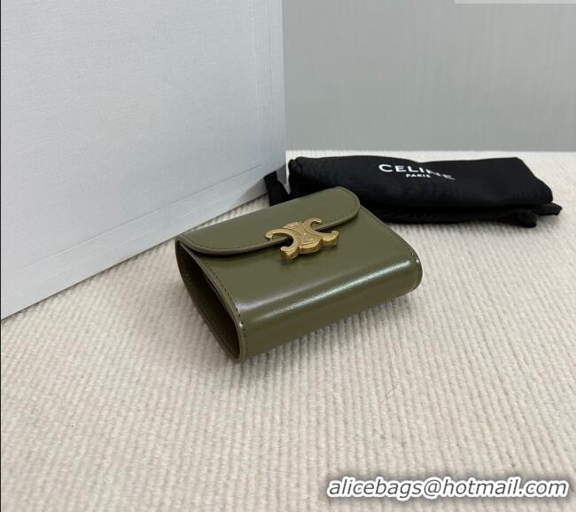 Famous Brand Celine Small Wallet in Shiny Calfskin 10D783 Dark Olive Green 2024