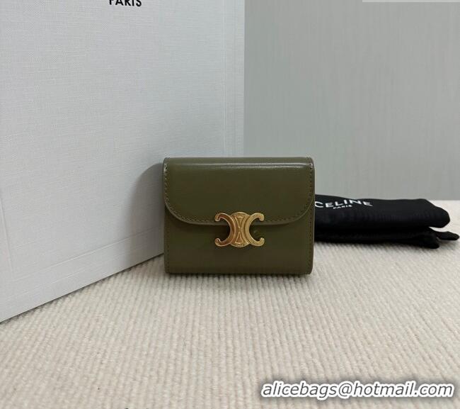Famous Brand Celine Small Wallet in Shiny Calfskin 10D783 Dark Olive Green 2024