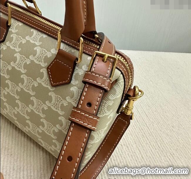 Modern Classic Celine Small Boston Bag in Triomphe Canvas and Calfskin 113772 Beige/Brown 2024