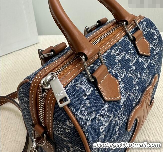 Market Sells Celine Small Boston Bag in Triomphe Denim and Calfskin 113772 Blue 2024