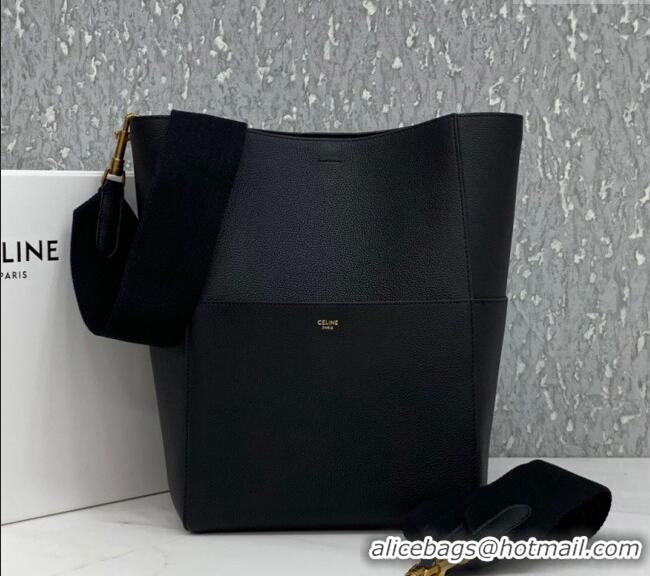 Luxury Discount Celine Seau Sangle Medium Bucket Bag in Supple Grained Calfskin 180543 Black 2024