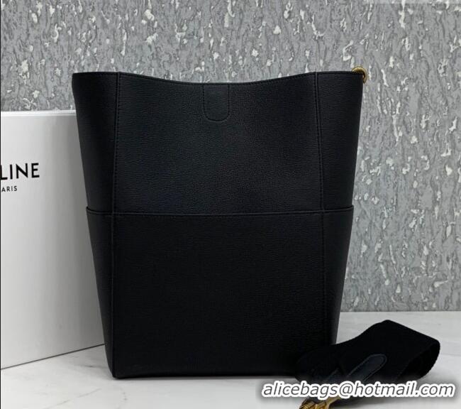 Luxury Discount Celine Seau Sangle Medium Bucket Bag in Supple Grained Calfskin 180543 Black 2024