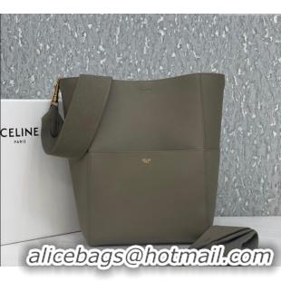 New Cheap Celine Seau Sangle Medium Bucket Bag in Supple Grained Calfskin 180543 Sage Grey 2024