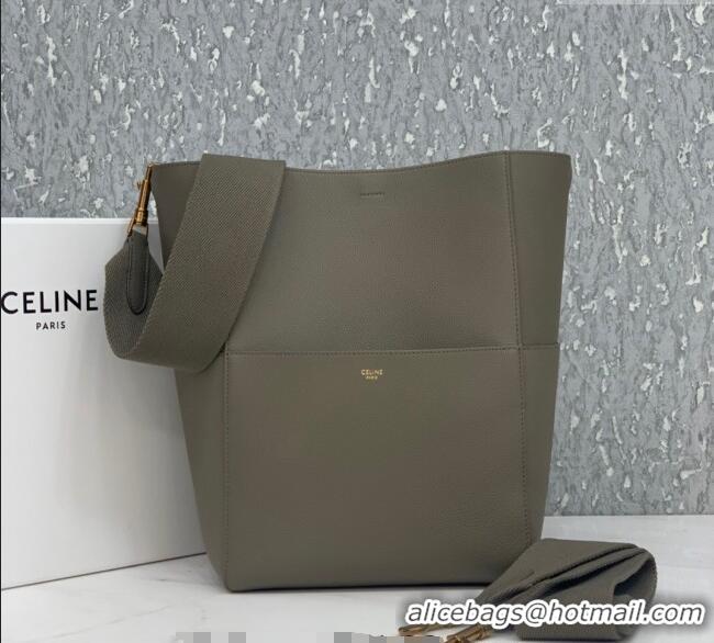 New Cheap Celine Seau Sangle Medium Bucket Bag in Supple Grained Calfskin 180543 Sage Grey 2024